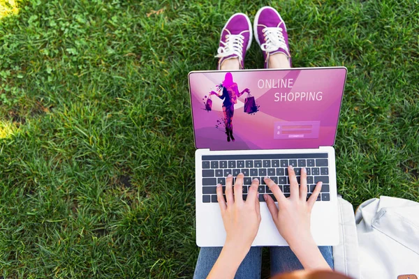 Imagem Cortada Mulher Usando Laptop Com Aparelho Compras Line Parque — Fotografia de Stock