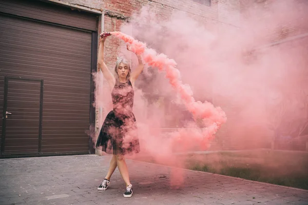 Young Woman Dancing Pink Smoke Urban Street — Stock Photo, Image