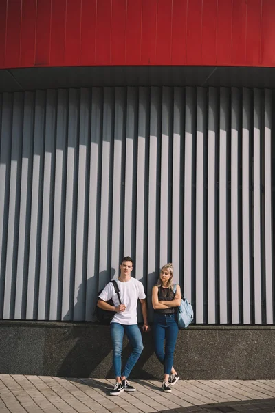 Stylish Young Couple Standing Together Urban Street — Free Stock Photo