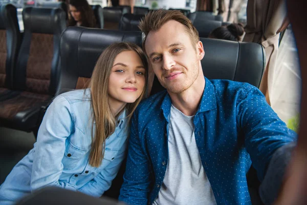 Adult Happy Man Taking Selfie Beautiful Girlfriend Trip Travel Bus — Stock Photo, Image