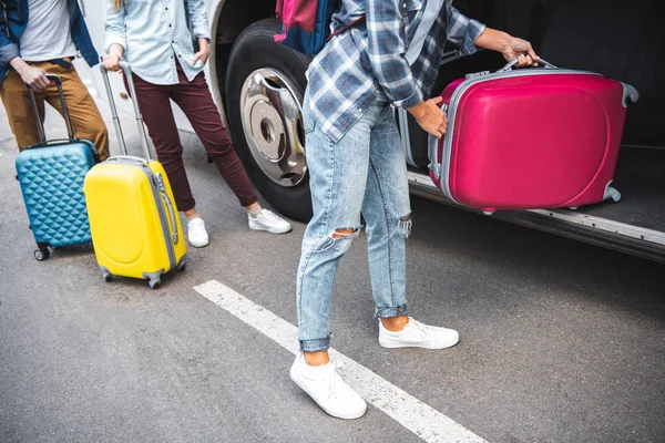 Cropped Image Woman Putting Wheeled Bag Travel Bus While Her — Stock Photo, Image