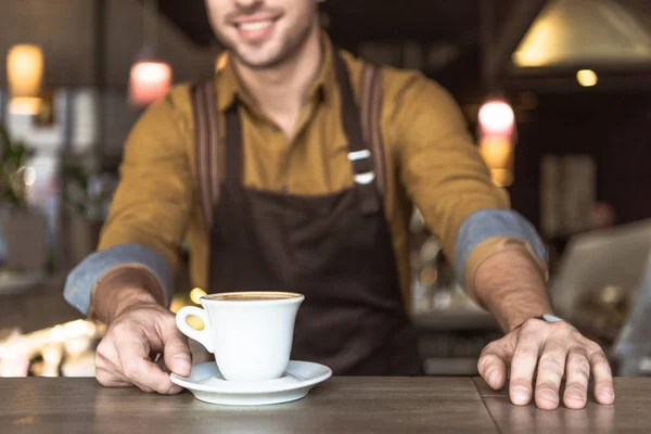 Cropped Shot Young Barista Cup Delicious Coffee — Stock Photo, Image