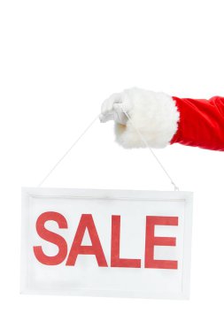 Claus santa holding indirim Yönetim Kurulu üzerinde beyaz izole satışı işareti ile kırpılmış görünümü