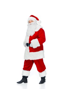 sakallı Noel Baba, Noel beyaz izole kırmızı kostümlü yürüyüş