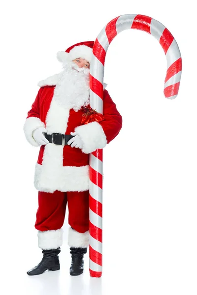 Bearded Santa Claus Standing Big Christmas Candy Cane Isolated White — Stock Photo, Image