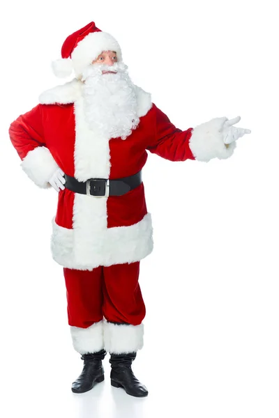 Jultomten Röd Kostym Presentera Något Isolerat Vit — Stockfoto