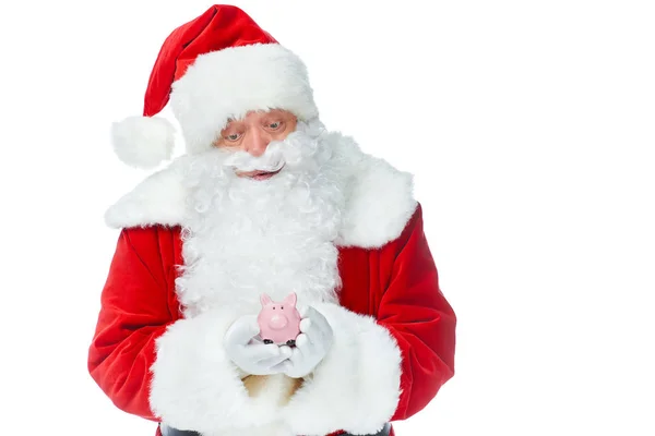 Santa Claus Hålla Lilla Spargris Isolerad Vit — Stockfoto