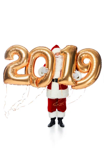 Papai Noel Segurando Ano Novo 2019 Balões Dourados Isolados Branco — Fotografia de Stock Grátis