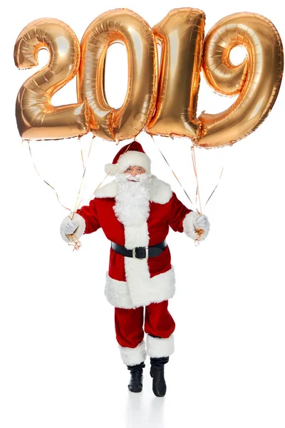 Babbo Natale Che Tiene Nuovo Anno 2019 Palloncini Oro Isolati — Foto Stock