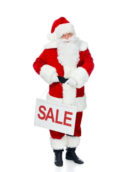 Санта Клаус Тримає Дошку Червоним Знаком Продажу Ізольовано Білому — стокове фото