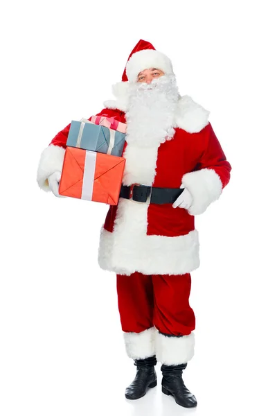 Санта Клаус Червоному Костюмі Різдвяними Подарунками Ізольовані Білому — Безкоштовне стокове фото