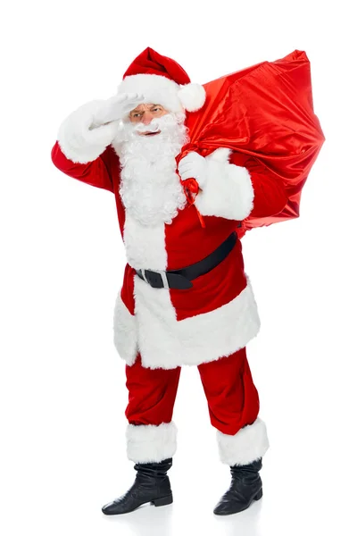 Santa Claus Red Costume Christmas Bag Looking Away Isolated White — Free Stock Photo