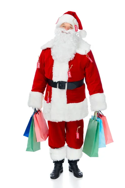 Happy Santa Claus Red Costume Sale Tags Holding Shopping Bags — Stock Photo, Image
