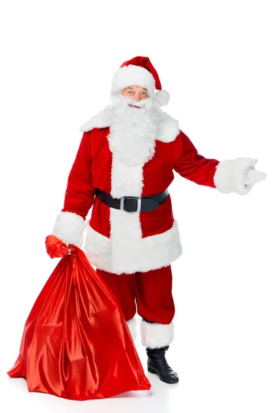 Santa Claus Red Christmas Bag Showing Something Isolated White — Free Stock Photo