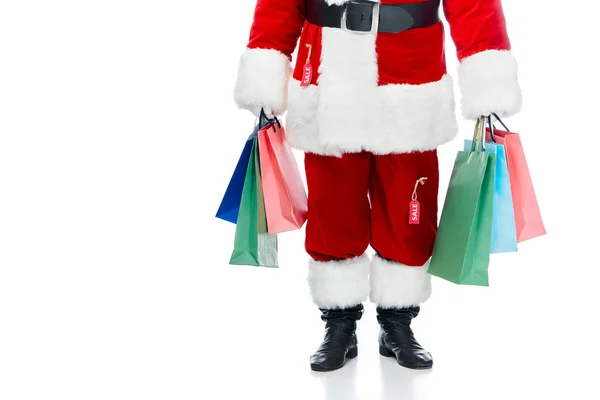 Low Section Santa Claus Red Costume Sale Tags Holding Shopping — Stock Photo, Image