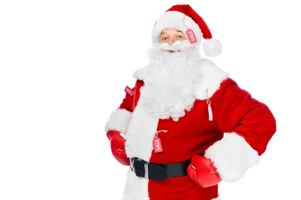 Santa Claus Red Costume Sale Tags Isolated White — Free Stock Photo