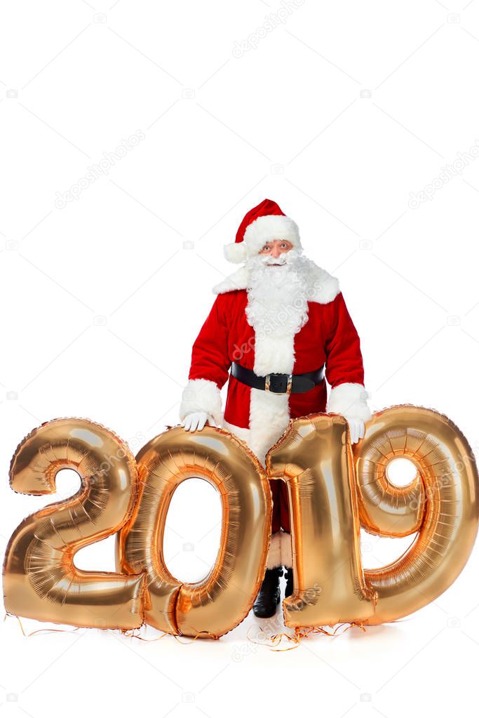 santa claus in red costume posing with new year 2019 golden balloons isolated on white