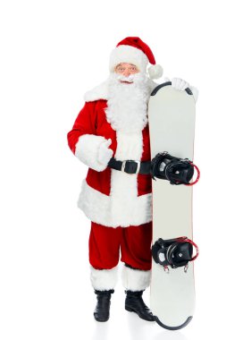 Noel Baba snowboard izole üzerinde beyaz başparmak gösterilen ile