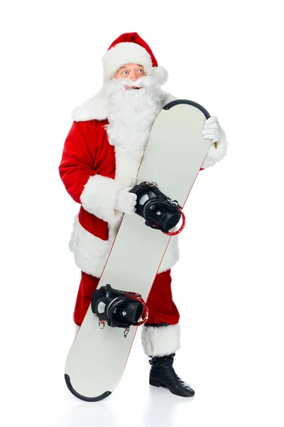 Santa Claus Traje Rojo Pie Con Snowboard Aislado Blanco — Foto de stock gratis