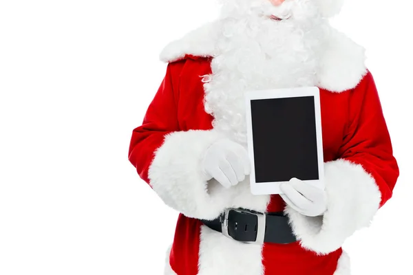 Vista Cortada Santa Claus Mostrando Tablet Digital Com Tela Branco — Fotografia de Stock