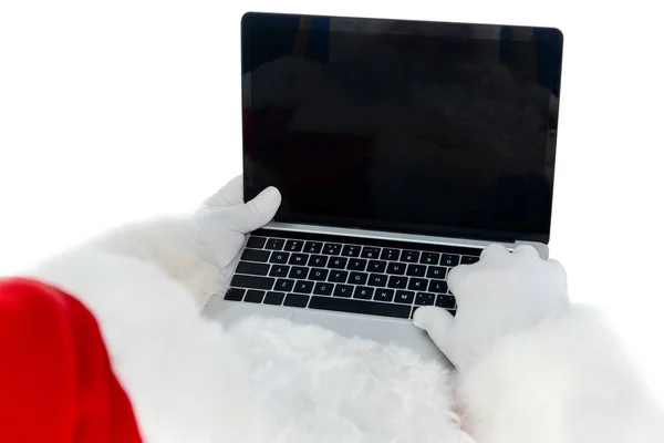 Partial View Santa Claus Using Laptop Blank Screen Isolated White — Stock Photo, Image