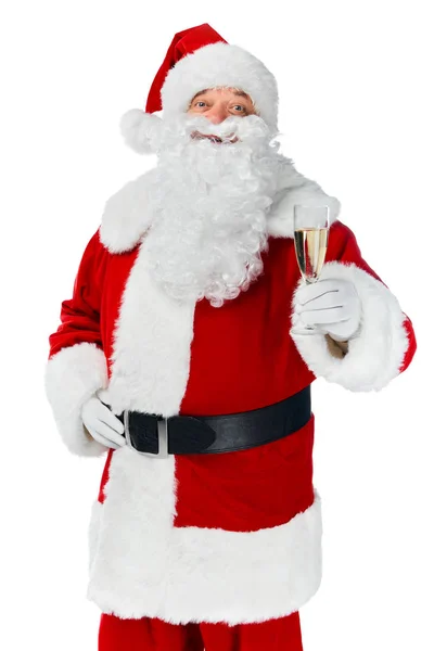 Barbudo Santa Claus Celebrando Navidad Con Copa Champán Aislado Blanco — Foto de stock gratis