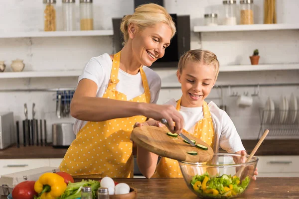 Happy Grandmother Granddaughter Aprons Cooking Together Kitchen — Stock Photo, Image