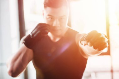 güneş ışığında boks eldiven giymiş genç sporcu
