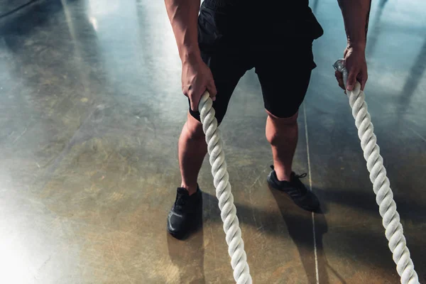 Cropped View Sportsman Working Out Battle Ropes — Stock Photo, Image