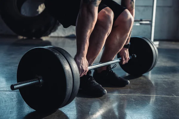Cropped View Muscular Sportsman Exercising Barbell Gym — Stock Photo, Image