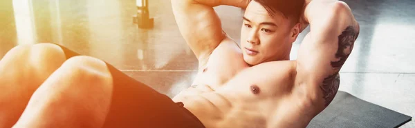 Young Asian Sportsman Doing Abs Exercise Fitness Mat Gym Sunlight — Stock Photo, Image