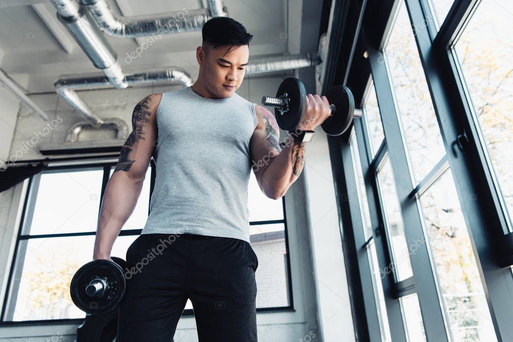 concentrated young sportsman exercising with dumbbells in gym