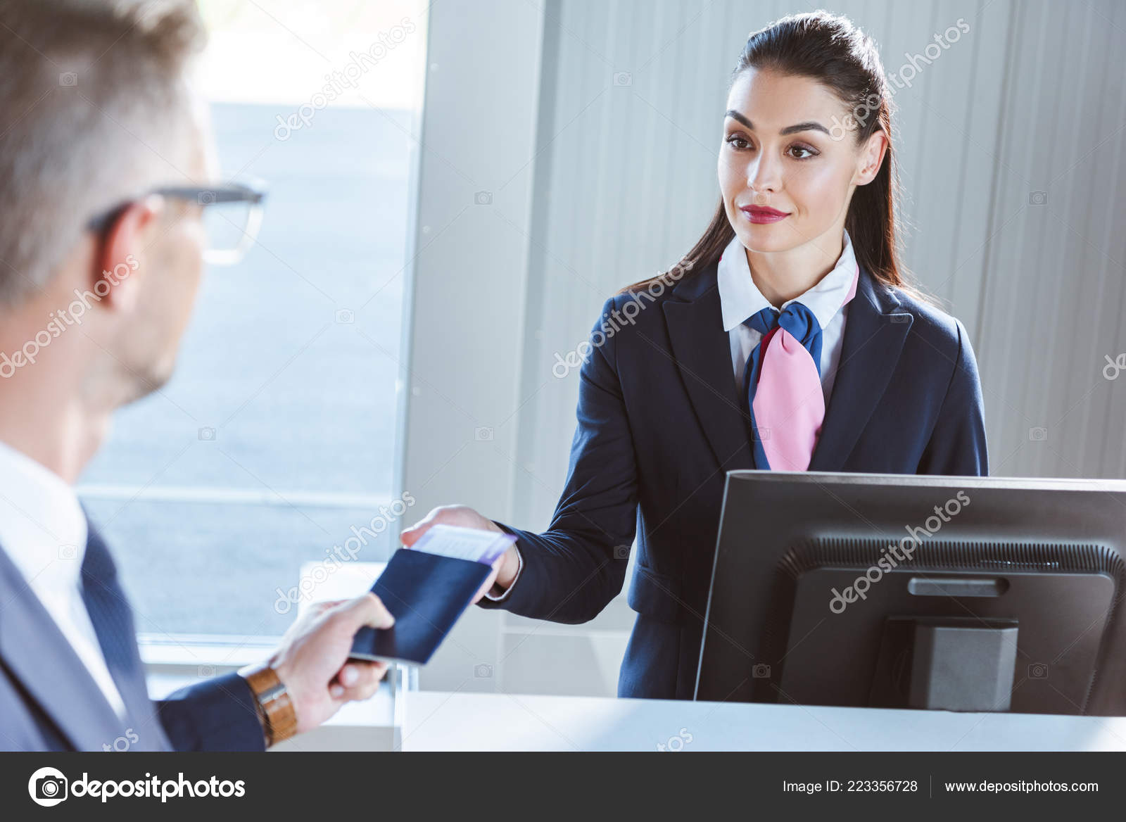 Businessman Giving Documents Female Airport Worker Check Airport