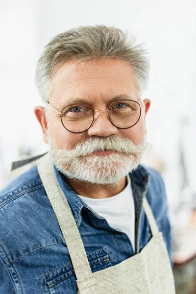 Close Portrait Happy Middle Aged Male Craftsman Apron Posing Workshop — Foto Stok Gratis