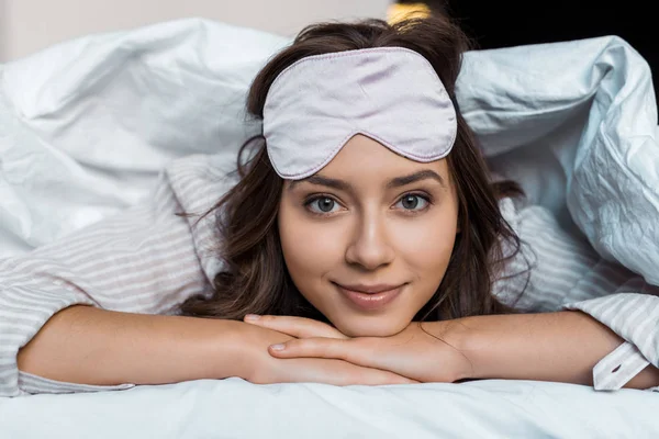 Beautiful Young Woman Sleeping Mask Lying Blanket Bed — Stock Photo, Image