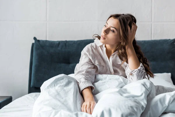 Thoughtful Young Woman Sitting Bed Morning — Stock Photo, Image