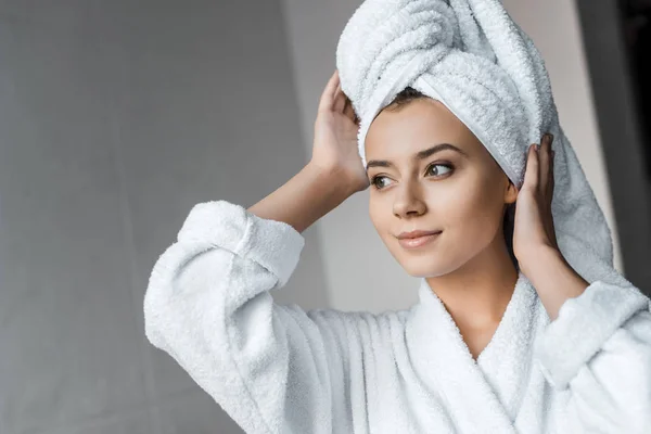 Smiling Young Woman White Bathrobe Wearing Towel Head — Stock Photo, Image