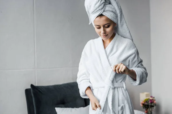 Attractive Smiling Girl White Towel Head Wearing Bathrobe Bedroom — Stock Photo, Image