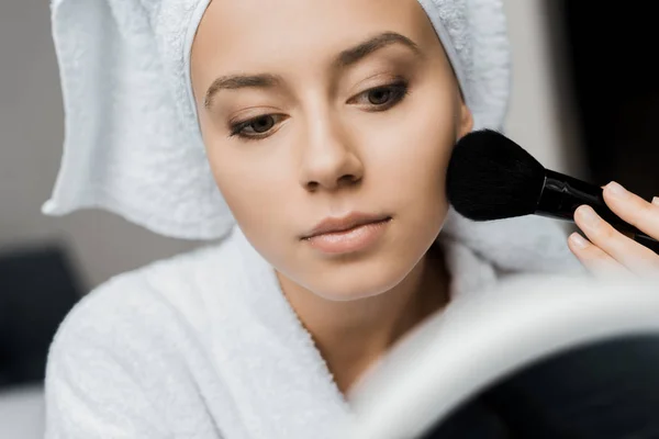 Beautiful Girl Bathrobe Towel Applying Powder Cosmetic Brush — Stock Photo, Image
