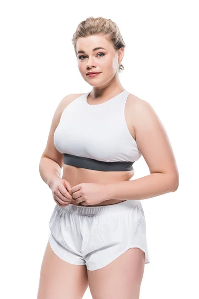 Bela Menina Oversize Sportswear Olhando Para Câmera Isolada Branco — Fotografia de Stock Grátis