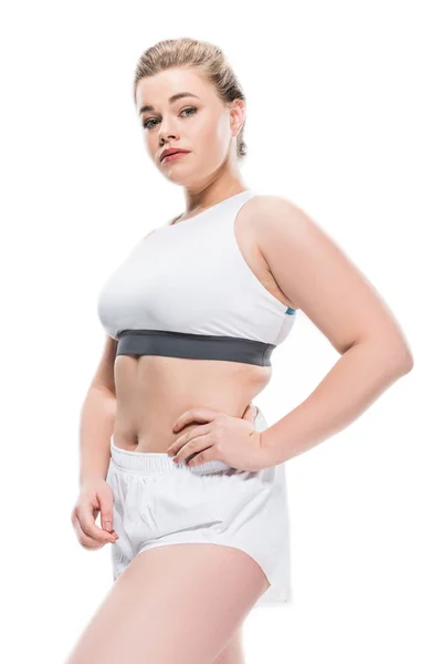 Aantrekkelijke Overgewicht Meisje Sportkleding Permanent Met Hand Taille Kijken Naar — Gratis stockfoto