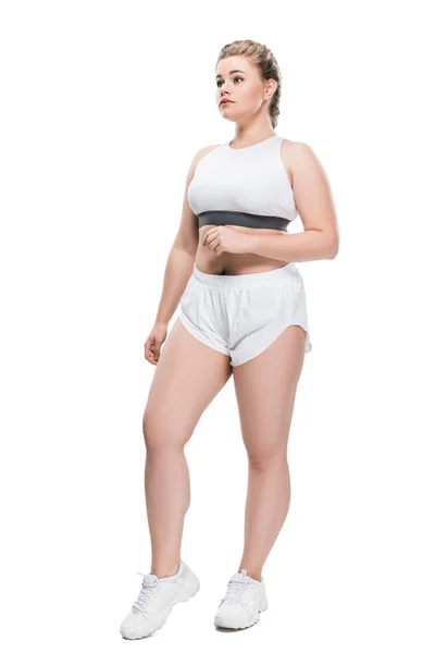Spor Giyim Uzak Üzerinde Beyaz Izole Arıyor Çekici Kilolu Kız — Ücretsiz Stok Fotoğraf