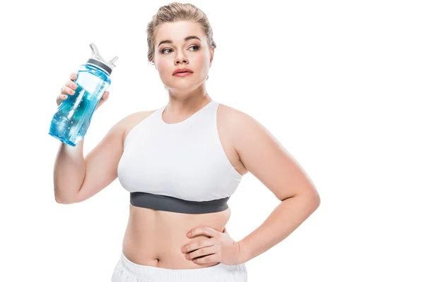 Size Woman Sportswear Holding Bottle Water Looking Away Isolated White — Stock Photo, Image