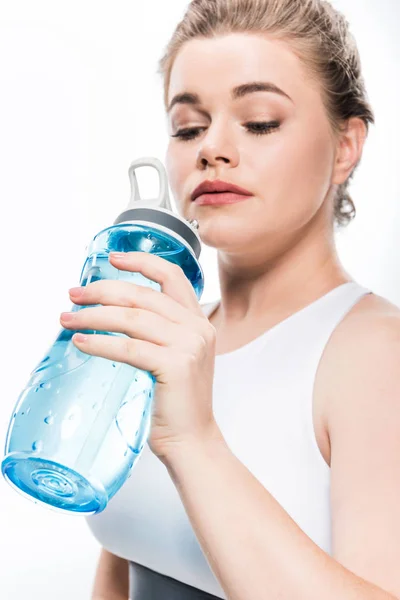 Close View Young Overweight Woman Drinking Water Sports Bottle Isolated — Stock Photo, Image