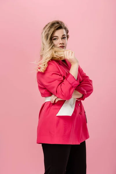 Beautiful Young Size Woman Pink Jacket Looking Camera Isolated Pink — Stock Photo, Image