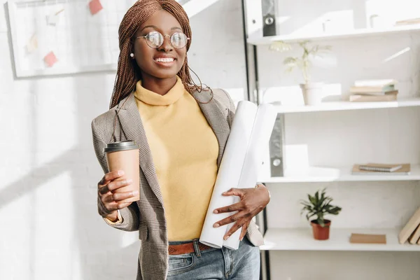 Cheerful African American Adult Female Architect Glasses Holding Coffee Blueprints — Stock Photo, Image