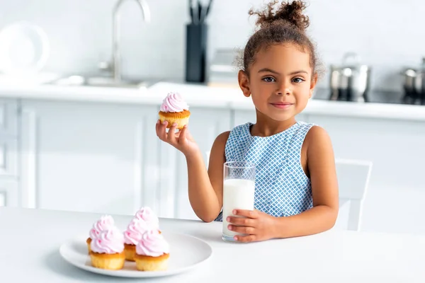 Adorable African American Child Holding Cupcake Glass Milk Kitchen — Stock Photo, Image