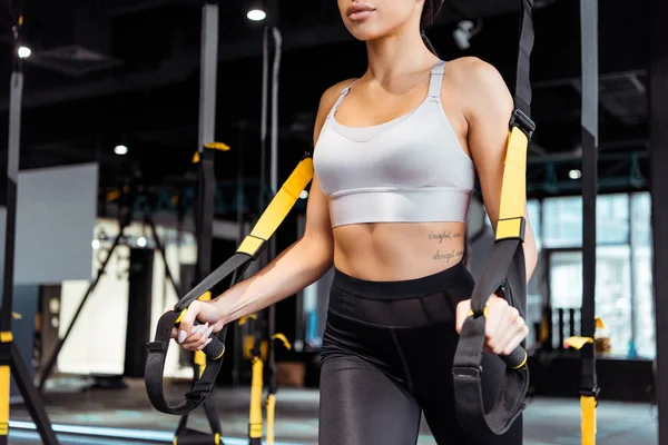 Cropped View Attractive Sportive Girl Exercising Suspension Straps Sports Gym — Stock Photo, Image