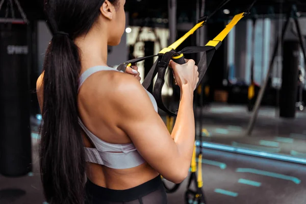 Back View Sportive Girl Training Resistance Bands Sports Gym — Stock Photo, Image