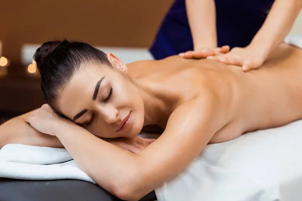 Attractive Smiling Young Woman Closed Eyes Enjoying Massage Spa — Stock Photo, Image